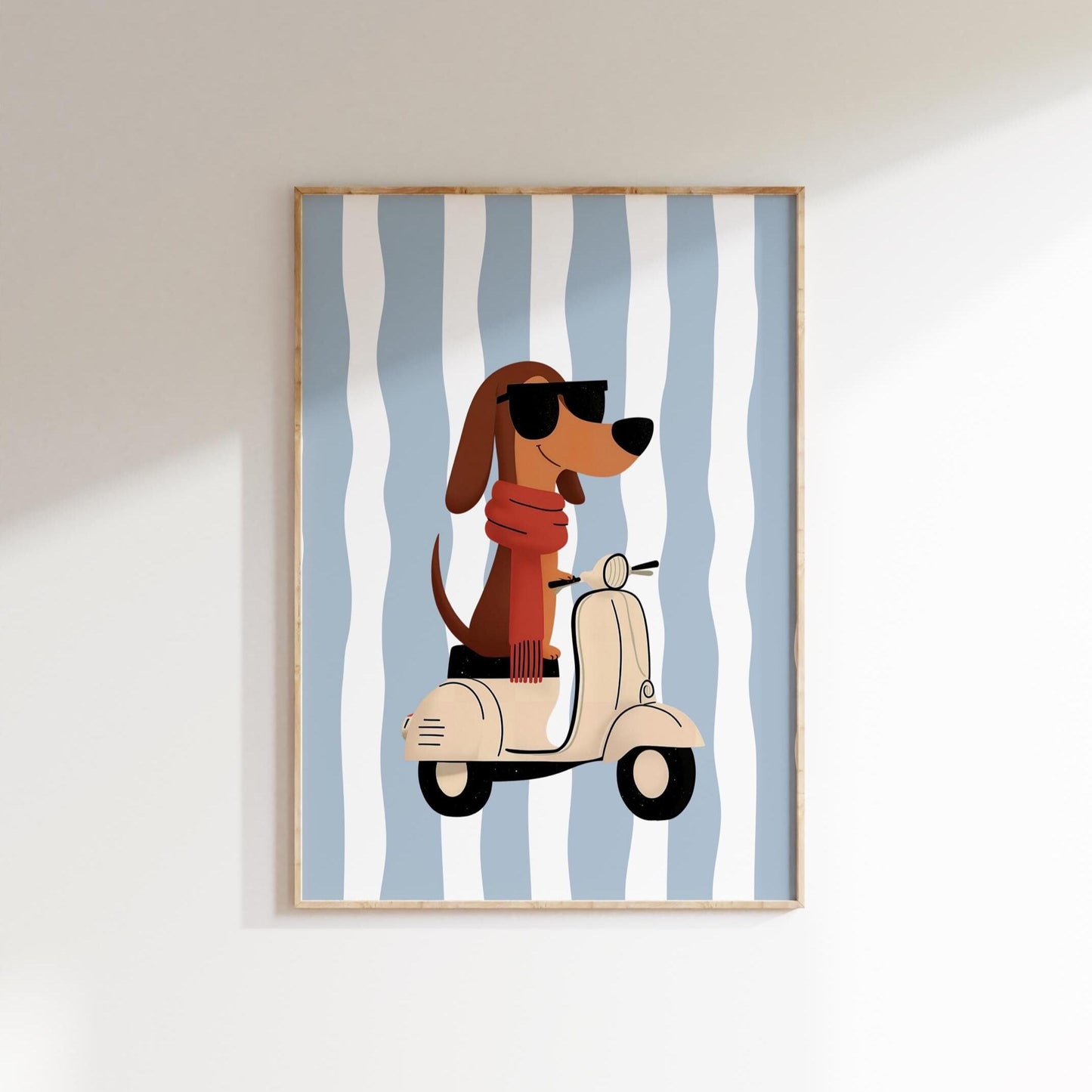 Whimsical Dachshund Nursery Wall Art | Boys Room Decor | Vespa Dog Print | Blue Stripes | Digital Download