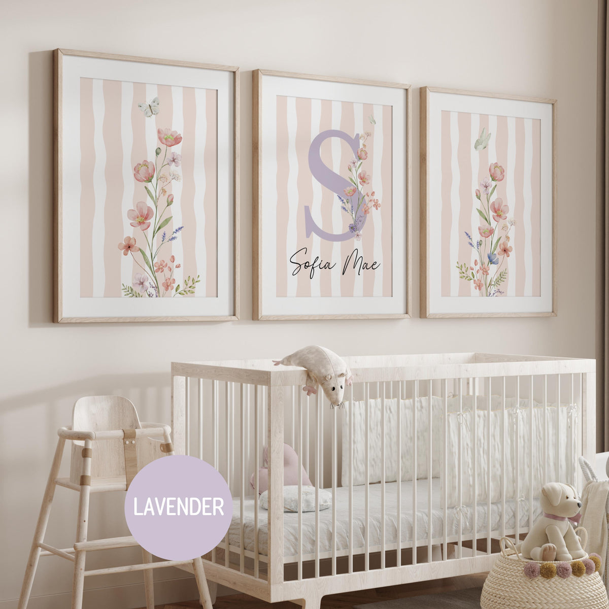 Striped Floral Nursery Wall Art | Custom wildflowers Prints | Boho Baby Girls Nursery Decor | Personalized Name Initial ( Digital Download) 