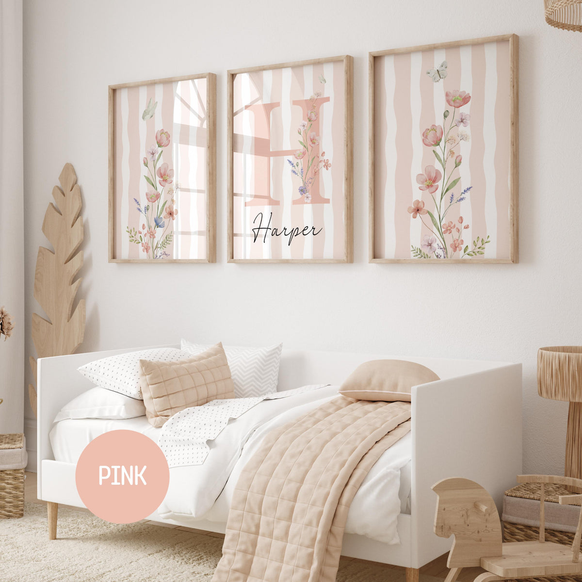 Striped Floral Nursery Wall Art | Custom wildflowers Prints | Boho Baby Girls Nursery Decor | Personalized Name Initial ( Digital Download) 