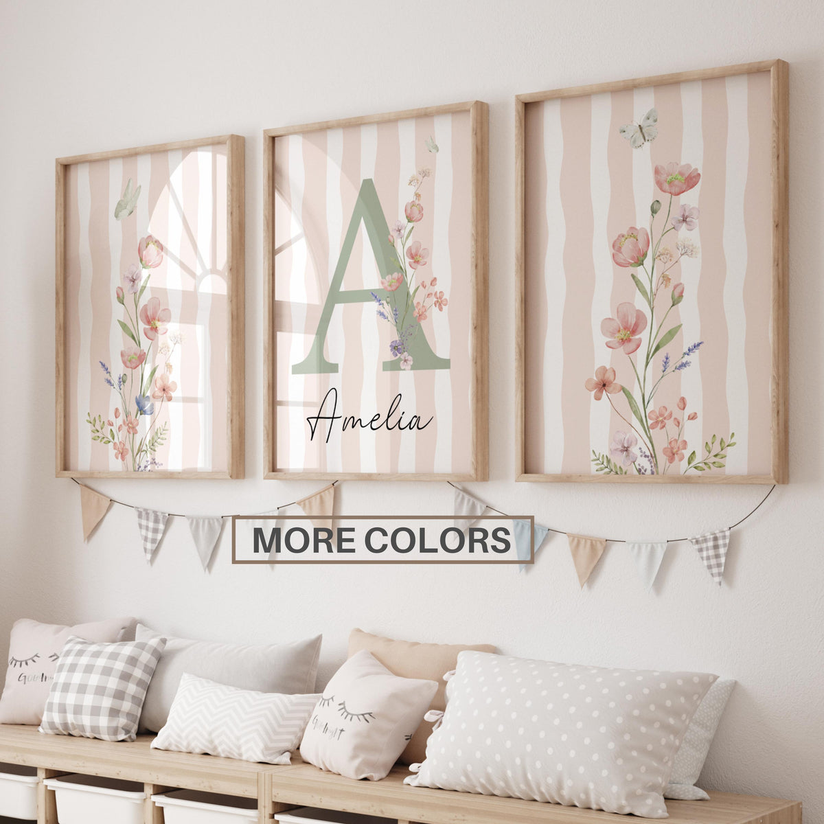 Striped Floral Nursery Wall Art | Custom wildflowers Prints | Boho Baby Girls Nursery Decor | Personalized Name Initial ( Digital Download) 