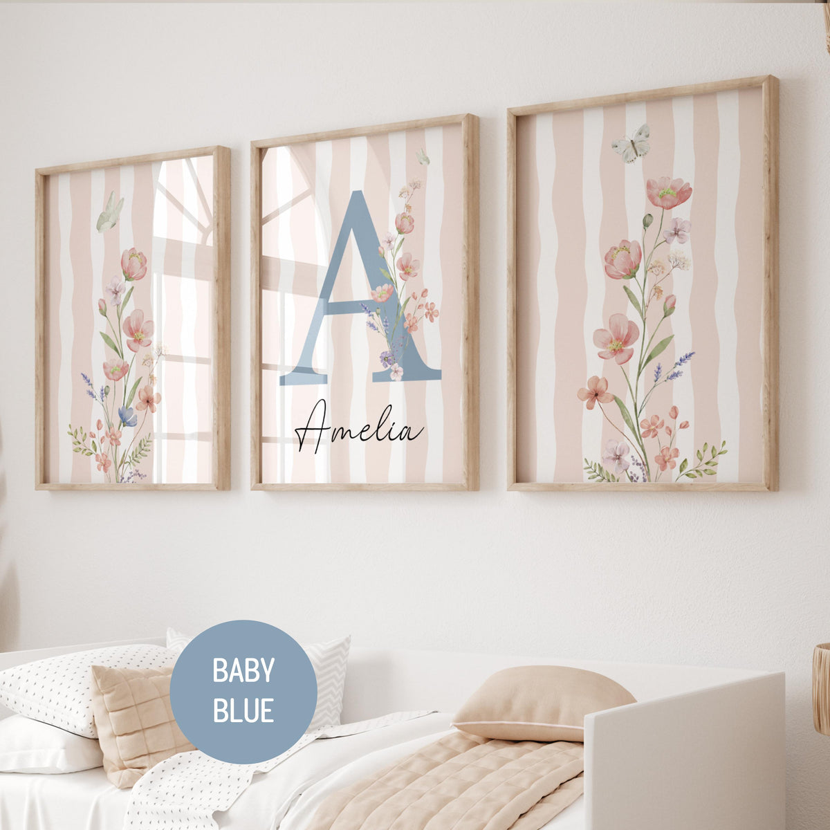 Striped Floral Nursery Wall Art | Custom wildflowers Prints | Boho Baby Girls Nursery Decor | Personalized Name Initial ( Digital Download) 