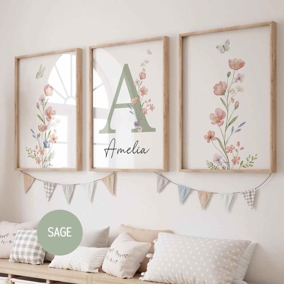 Floral Nursery Wall Art | Custom wildflowers Prints | Boho Baby Girls Nursery Decor | Personalized Name Initial ( Digital Download)