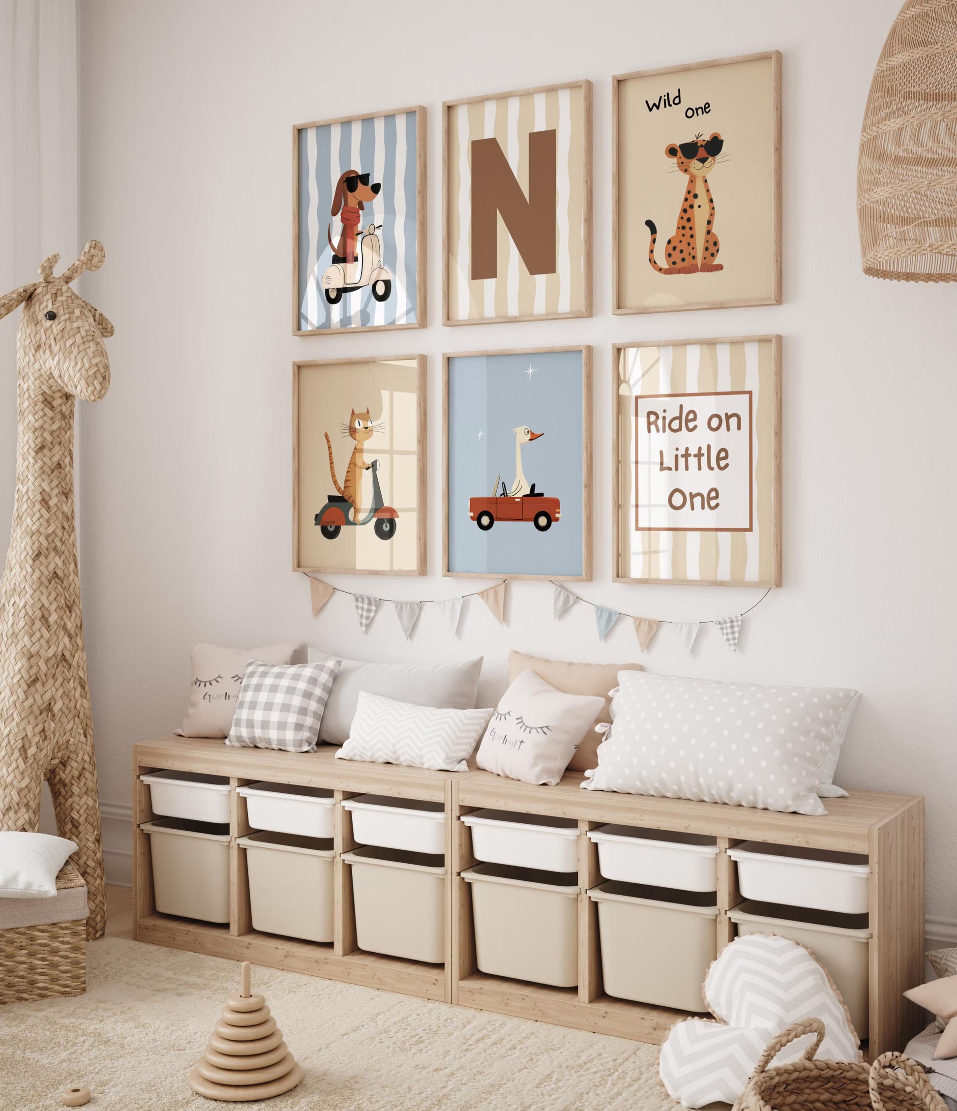 Whimsical Nursery Wall Art designed to elevate your kids room decor or playroom wall art with charming animal wall art and playful details. This gallery wall set includes baby room prints and kids room prints in a unique retro nursery style, perfect for a baby boy nursery or stylish boys room decor. Delivered as digital wall art, it’s an ideal baby shower gift — easy to download, print, and transform any space with warmth and creativity. Suartprintstudio
