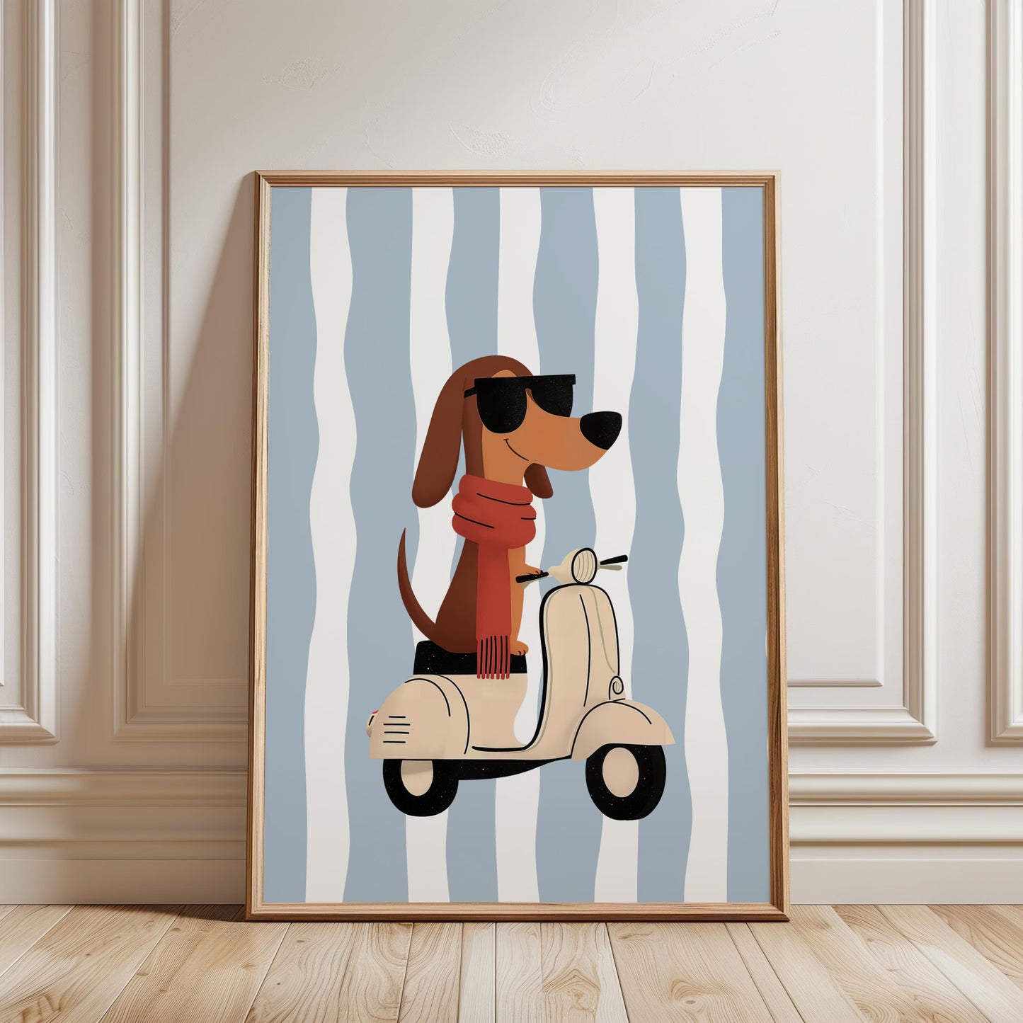 Whimsical Dachshund Nursery Wall Art | Boys Room Decor | Vespa Dog Print | Blue Stripes | Digital Download