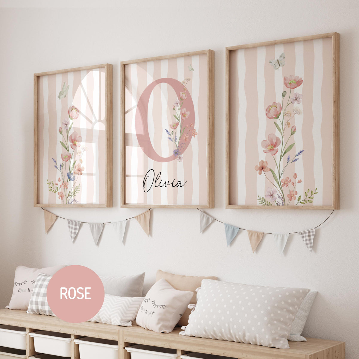 Striped Floral Nursery Wall Art | Custom wildflowers Prints | Boho Baby Girls Nursery Decor | Personalized Name Initial ( Digital Download) 
