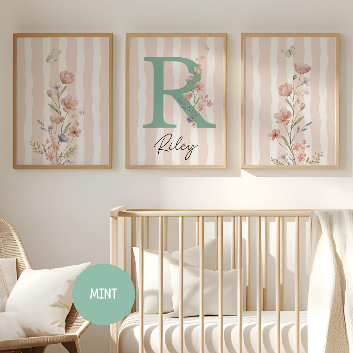 Striped Floral Nursery Wall Art | Custom wildflowers Prints | Boho Baby Girls Nursery Decor | Personalized Name Initial ( Digital Download) 