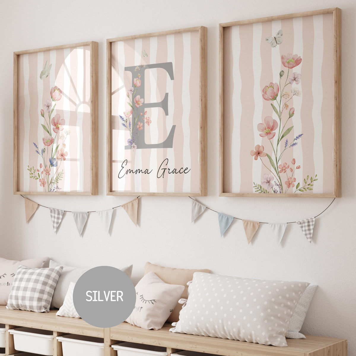 Striped Floral Nursery Wall Art | Custom wildflowers Prints | Boho Baby Girls Nursery Decor | Personalized Name Initial ( Digital Download) 