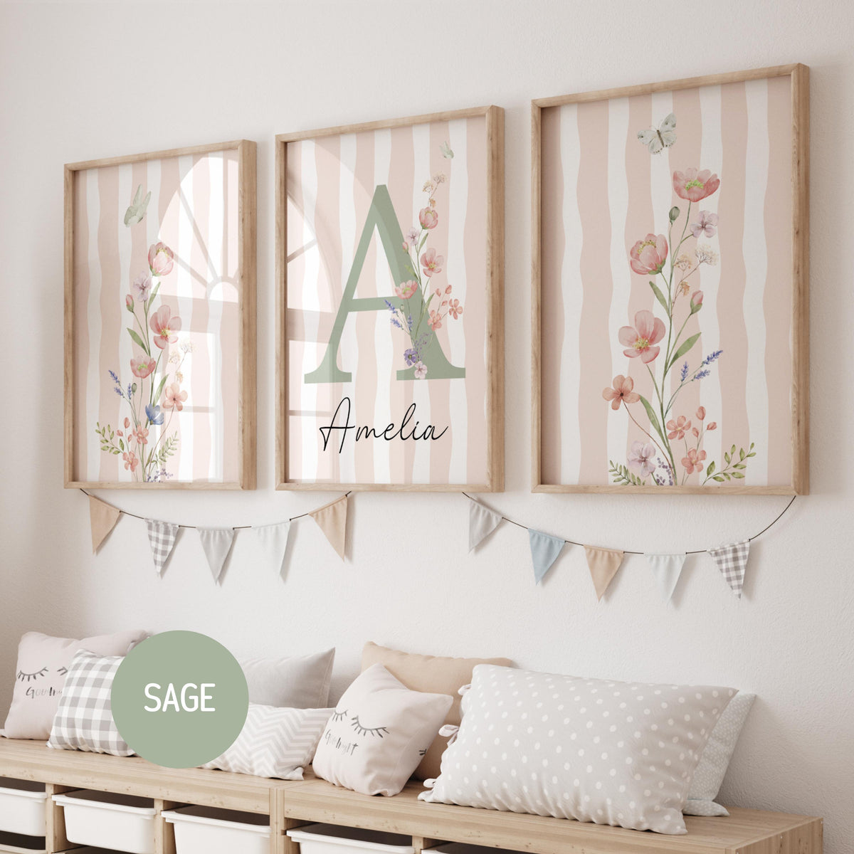Striped Floral Nursery Wall Art | Custom wildflowers Prints | Boho Baby Girls Nursery Decor | Personalized Name Initial ( Digital Download) 