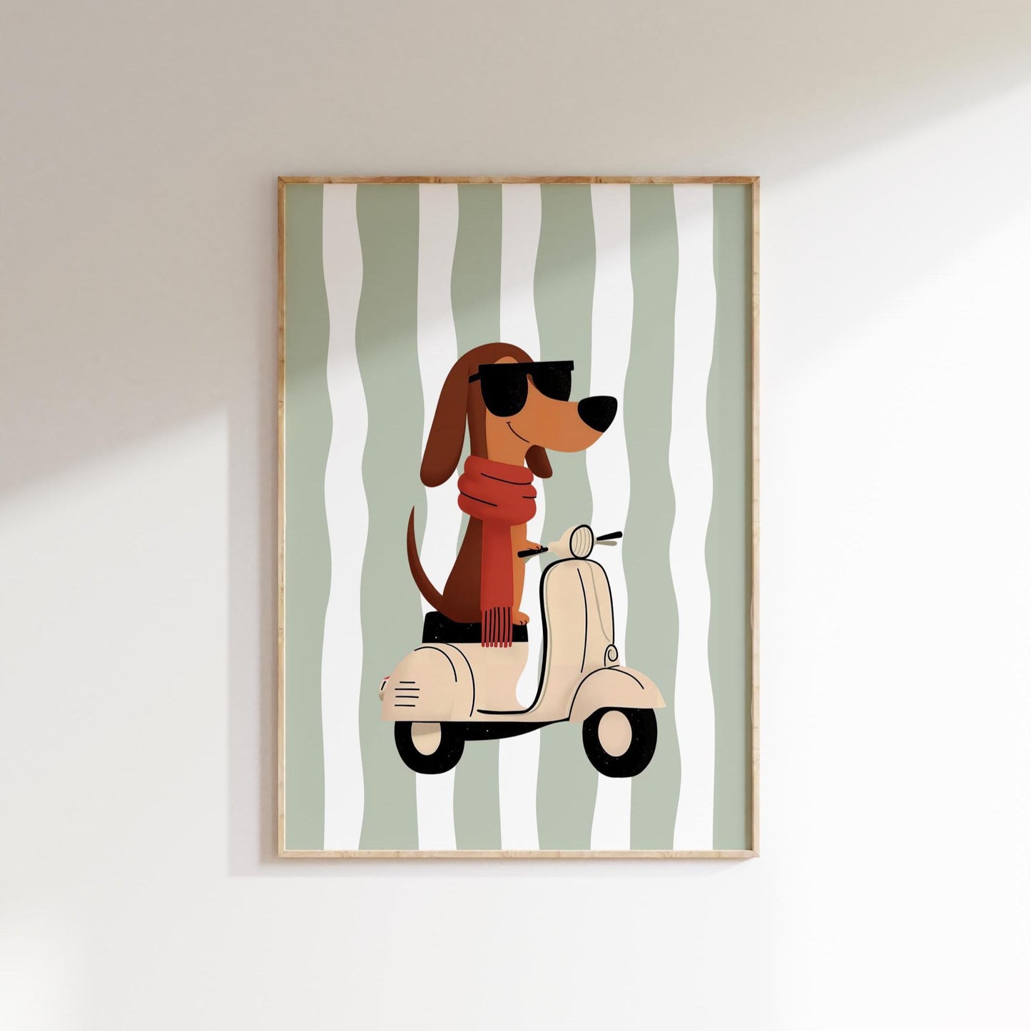 Whimsical Dachshund Nursery Wall Art | Boys Room Decor | Vespa Dog Print | Sage Green Stripes | Digital Download