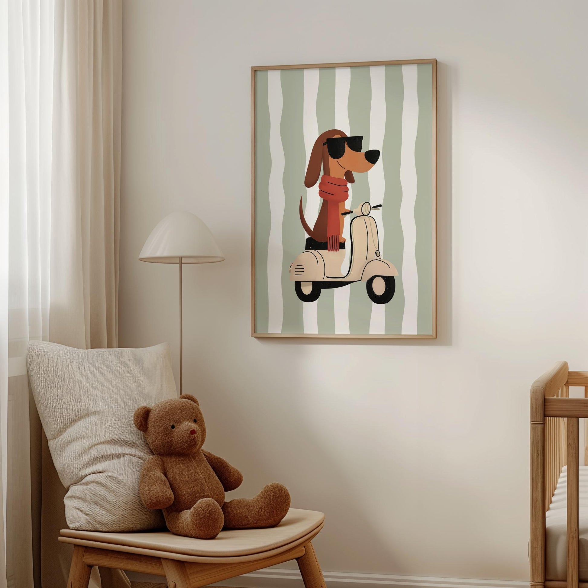 Whimsical Dachshund Nursery Wall Art | Boys Room Decor | Vespa Dog Print | Sage Green Stripes | Digital Download