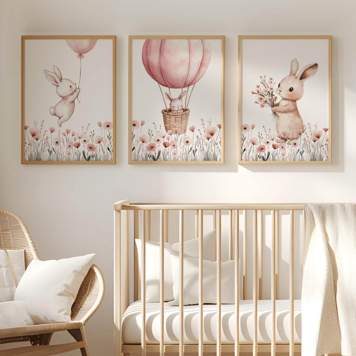 Bunny & Wildflowers Nursery Wall Art Prints | Boho, Girl Nursery Decor | Rabbit, Hot air ballon| Digital download
