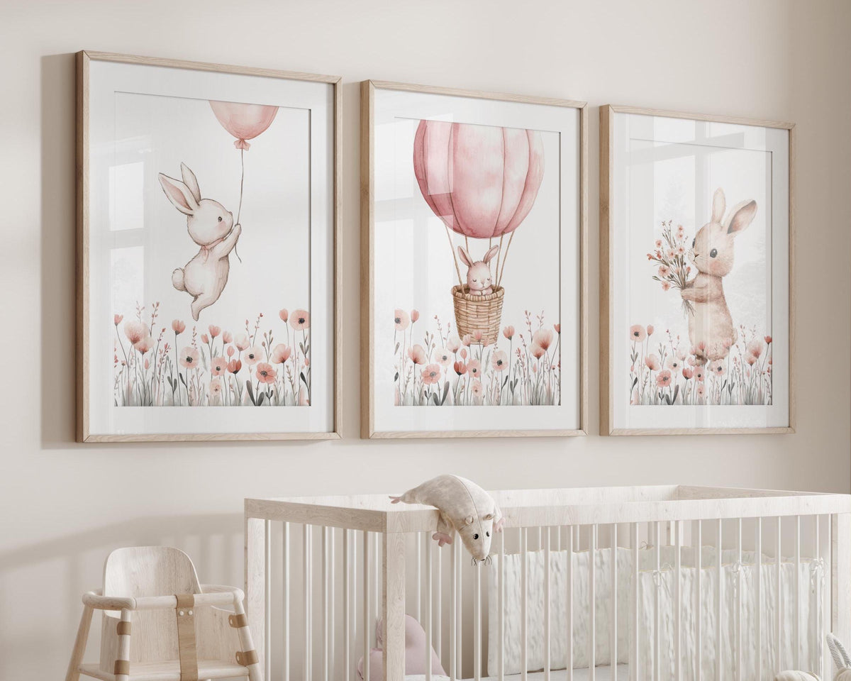 Bunny & Wildflowers Nursery Wall Art Prints | Boho, Girl Nursery Decor | Rabbit, Hot air ballon| Digital download