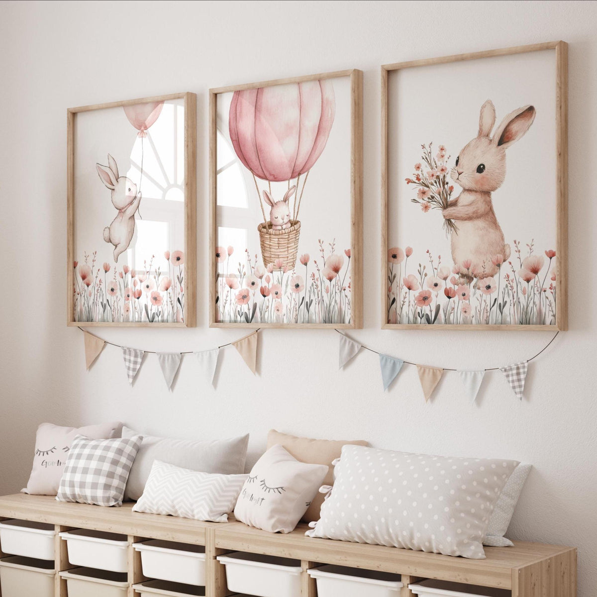 Bunny & Wildflowers Nursery Wall Art Prints | Boho, Girl Nursery Decor | Rabbit, Hot air ballon| Digital download