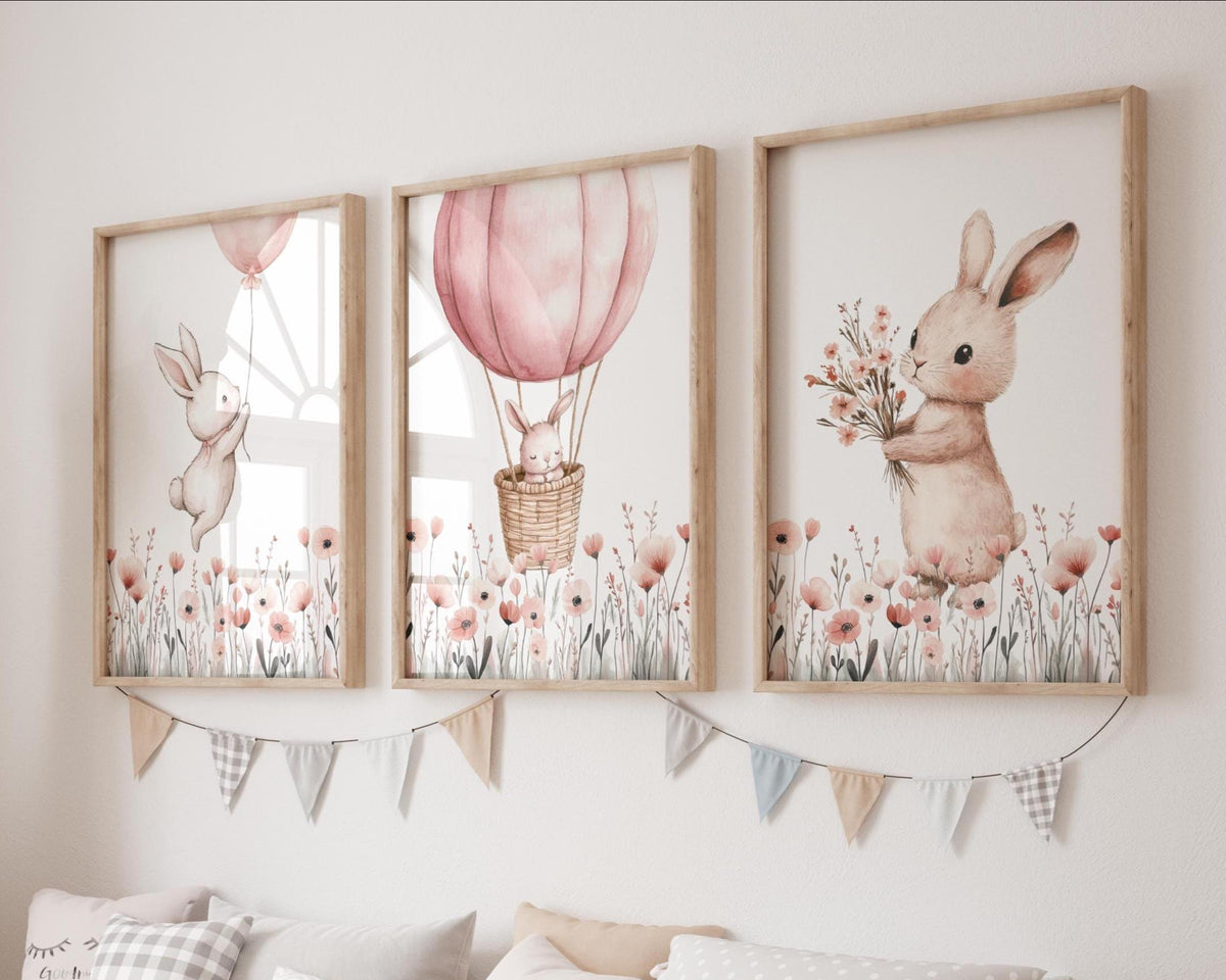 Bunny & Wildflowers Nursery Wall Art Prints | Boho, Girl Nursery Decor | Rabbit, Hot air ballon| Digital download
