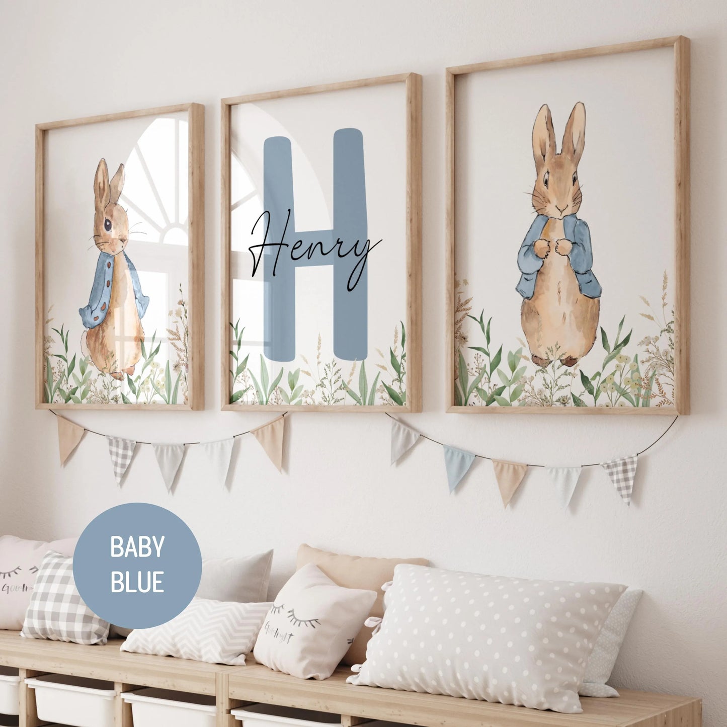 Bring timeless charm to your little one’s space with this adorable set of 3 Custom Peter Rabbit wall art prints, inspired by the beloved classic of Beatrix Potter.

Perfect for nursery décor, a baby boy or girl’s room, or a cozy children’s playroom, this sweet collection adds a touch of whimsy and storytelling magic to any wall.

Each print is thoughtfully designed with soft, gentle tones and features your child’s name, making it a truly unique and personal keepsake. Whether you’re decorating your own nurse