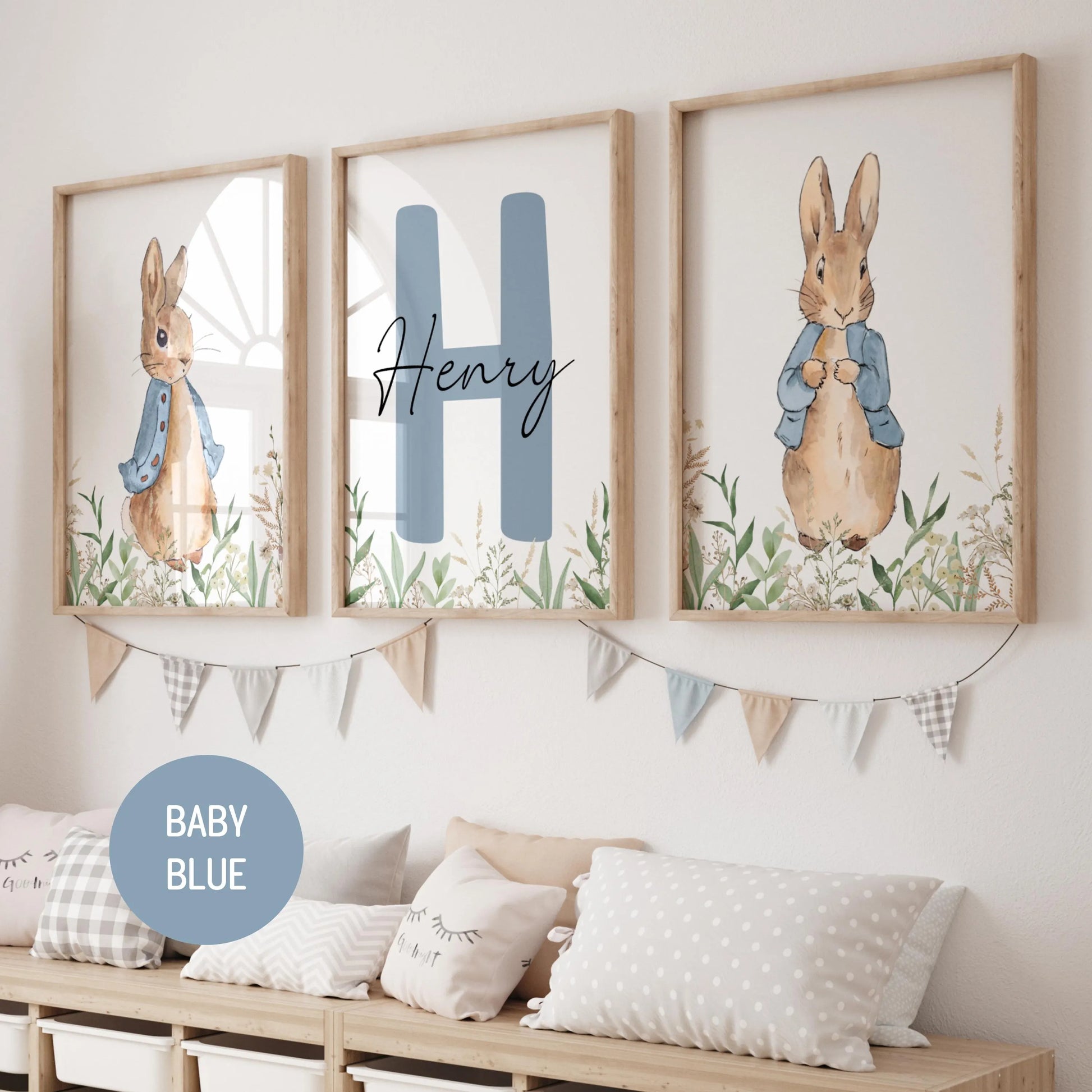 Bring timeless charm to your little one’s space with this adorable set of 3 Custom Peter Rabbit wall art prints, inspired by the beloved classic of Beatrix Potter.

Perfect for nursery décor, a baby boy or girl’s room, or a cozy children’s playroom, this sweet collection adds a touch of whimsy and storytelling magic to any wall.

Each print is thoughtfully designed with soft, gentle tones and features your child’s name, making it a truly unique and personal keepsake. Whether you’re decorating your own nurse