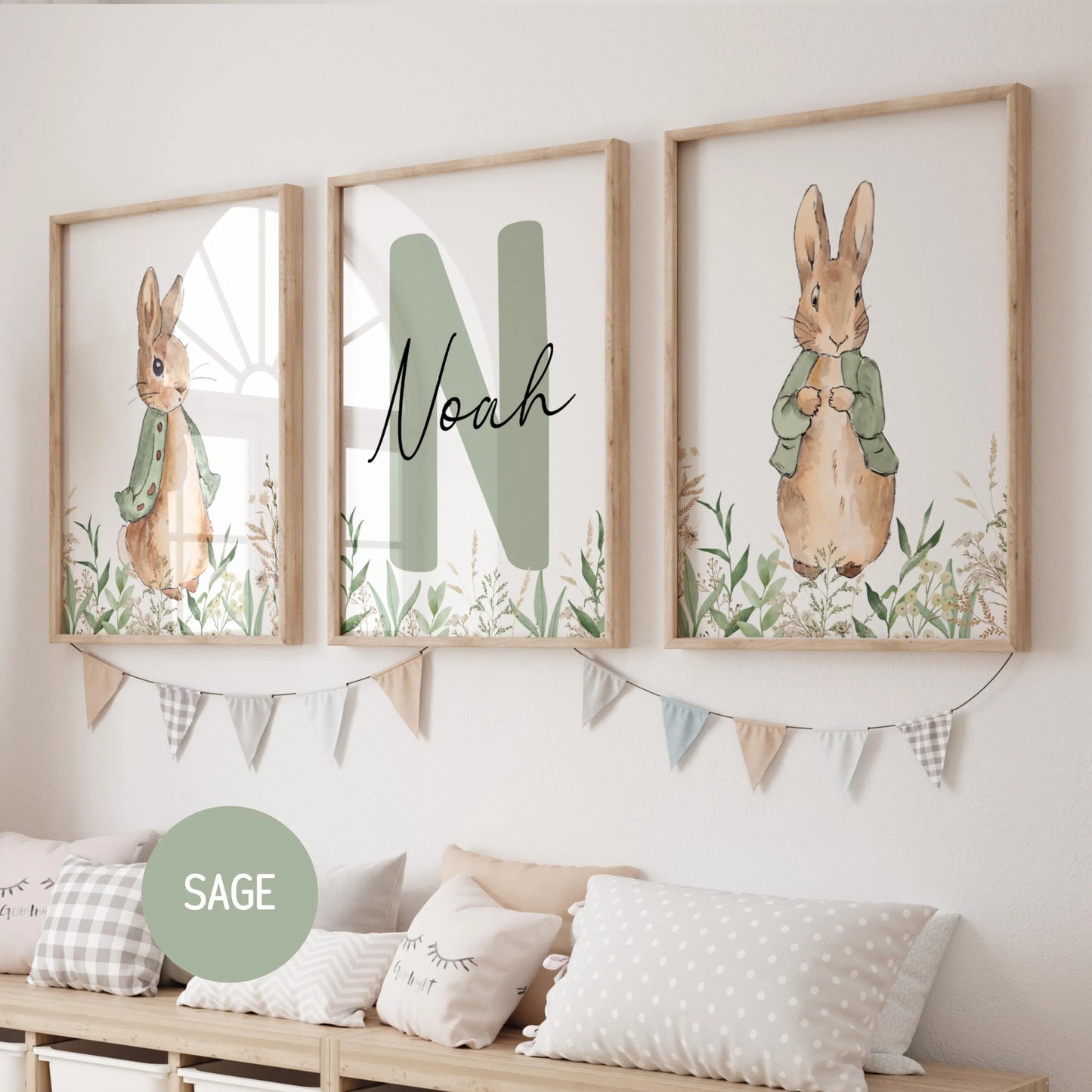 Bring timeless charm to your little one’s space with this adorable set of 3 Custom Peter Rabbit wall art prints, inspired by the beloved classic of Beatrix Potter.

Perfect for nursery décor, a baby boy or girl’s room, or a cozy children’s playroom, this sweet collection adds a touch of whimsy and storytelling magic to any wall.

Each print is thoughtfully designed with soft, gentle tones and features your child’s name, making it a truly unique and personal keepsake. Whether you’re decorating your own nurse