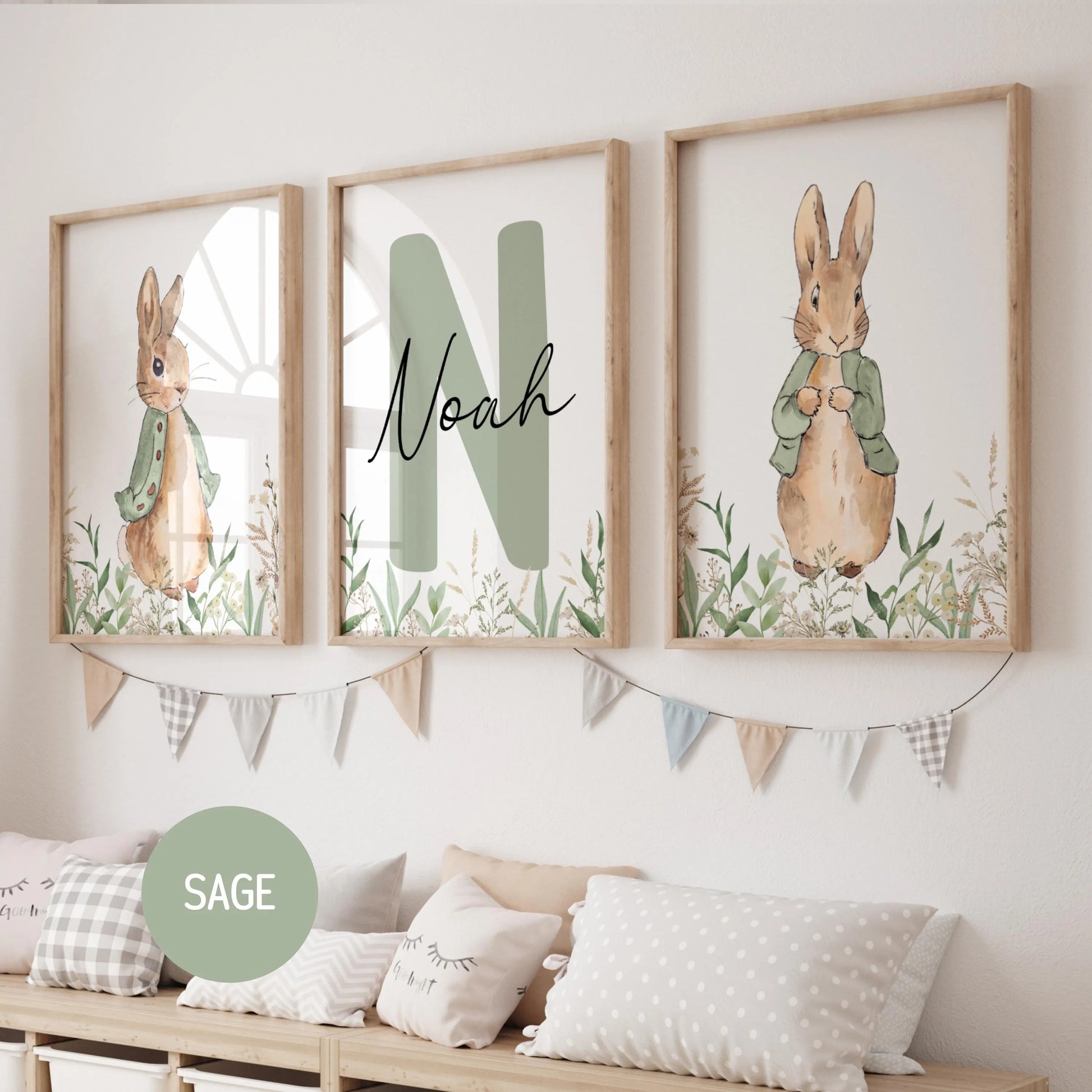 Bring timeless charm to your little one’s space with this adorable set of 3 Custom Peter Rabbit wall art prints, inspired by the beloved classic of Beatrix Potter.

Perfect for nursery décor, a baby boy or girl’s room, or a cozy children’s playroom, this sweet collection adds a touch of whimsy and storytelling magic to any wall.

Each print is thoughtfully designed with soft, gentle tones and features your child’s name, making it a truly unique and personal keepsake. Whether you’re decorating your own nurse