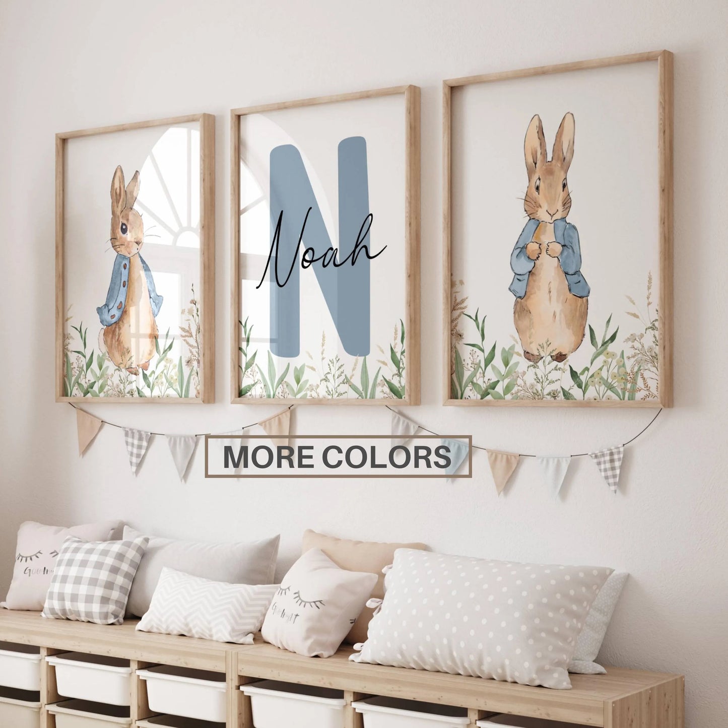 Bring timeless charm to your little one’s space with this adorable set of 3 Custom Peter Rabbit wall art prints, inspired by the beloved classic of Beatrix Potter.

Perfect for nursery décor, a baby boy or girl’s room, or a cozy children’s playroom, this sweet collection adds a touch of whimsy and storytelling magic to any wall.

Each print is thoughtfully designed with soft, gentle tones and features your child’s name, making it a truly unique and personal keepsake. Whether you’re decorating your own nurse