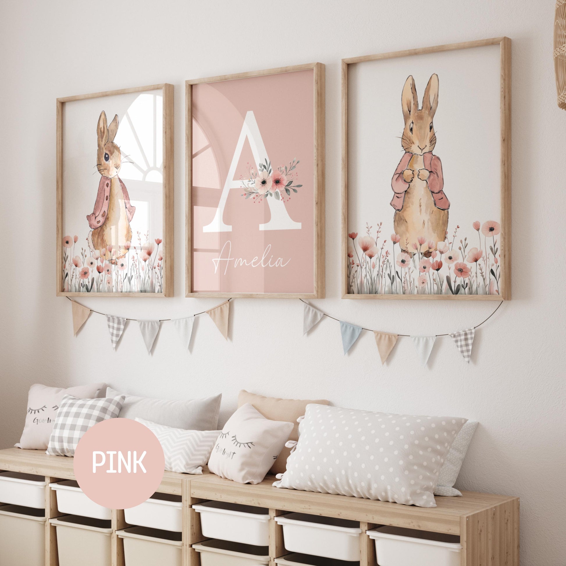 Peter Rabbit Nursery Wall Art Prints Set of 3 | Newborn Name Sign | Bunny, Wildflowers (Digital Downloads) Suartprinttstudio
