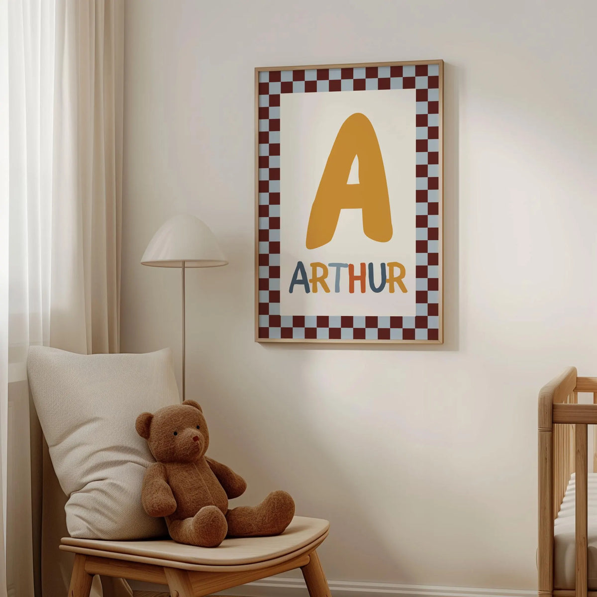 Personalized Nursery Name Wall Art Print | Checkered Monogram for Kids room Decor | Digital Download