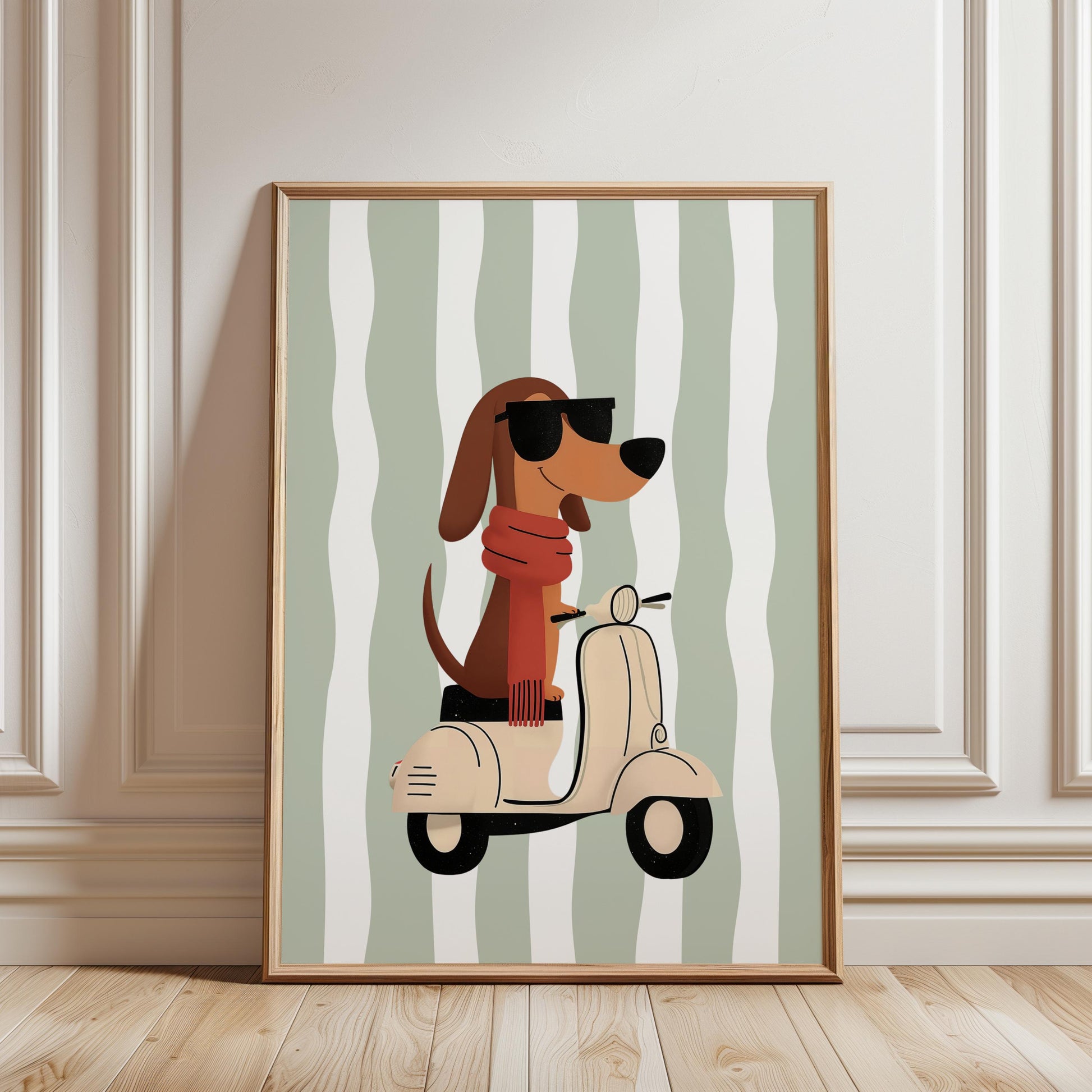 Whimsical Dachshund Nursery Wall Art Print | Boys Room Decor | Vespa Dog Print | Sage Green Stripes | Digital Download