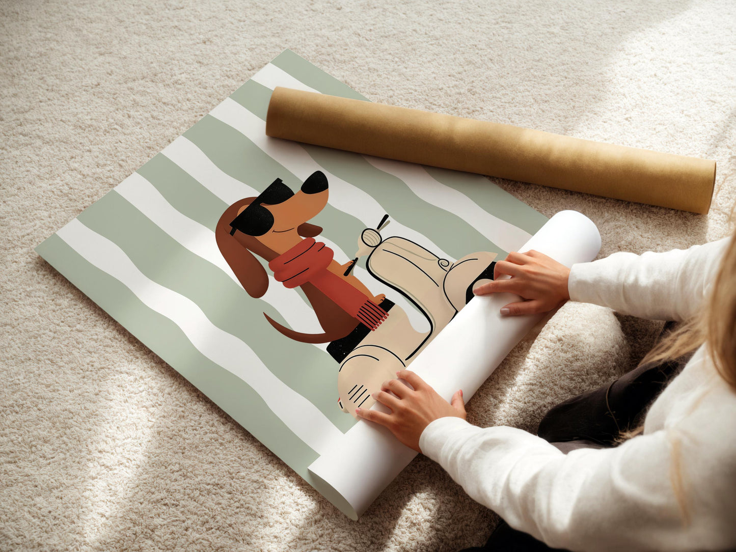 Whimsical Dachshund Nursery Wall Art | Boys Room Decor | Vespa Dog Print | Sage Green Stripes | Digital Download