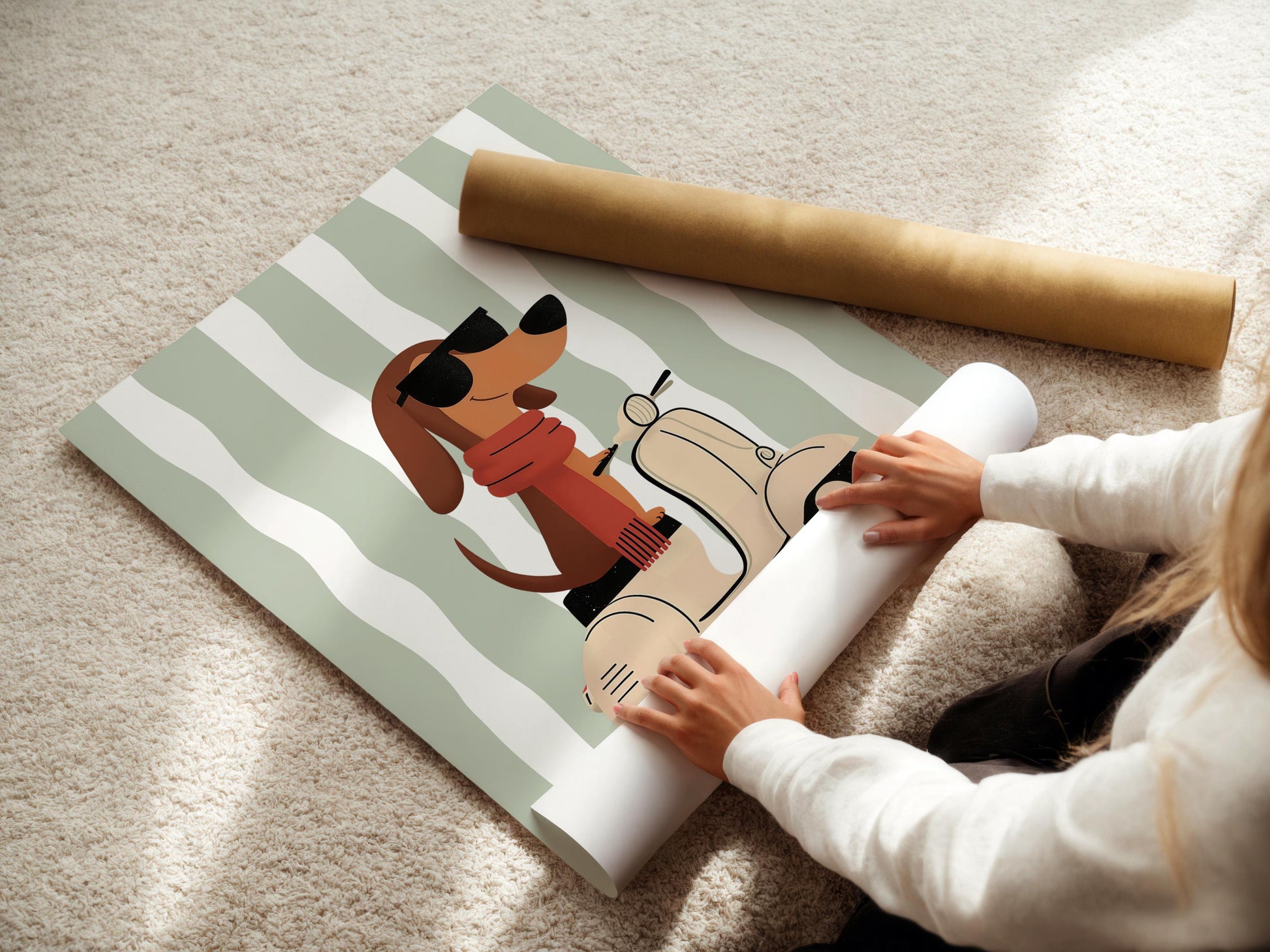 Whimsical Dachshund Nursery Wall Art | Boys Room Decor | Vespa Dog Print | Sage Green Stripes | Digital Download