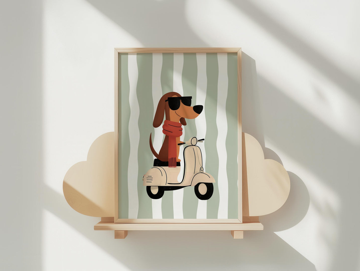 Whimsical Dachshund Nursery Wall Art | Boys Room Decor | Vespa Dog Print | Sage Green Stripes | Digital Download