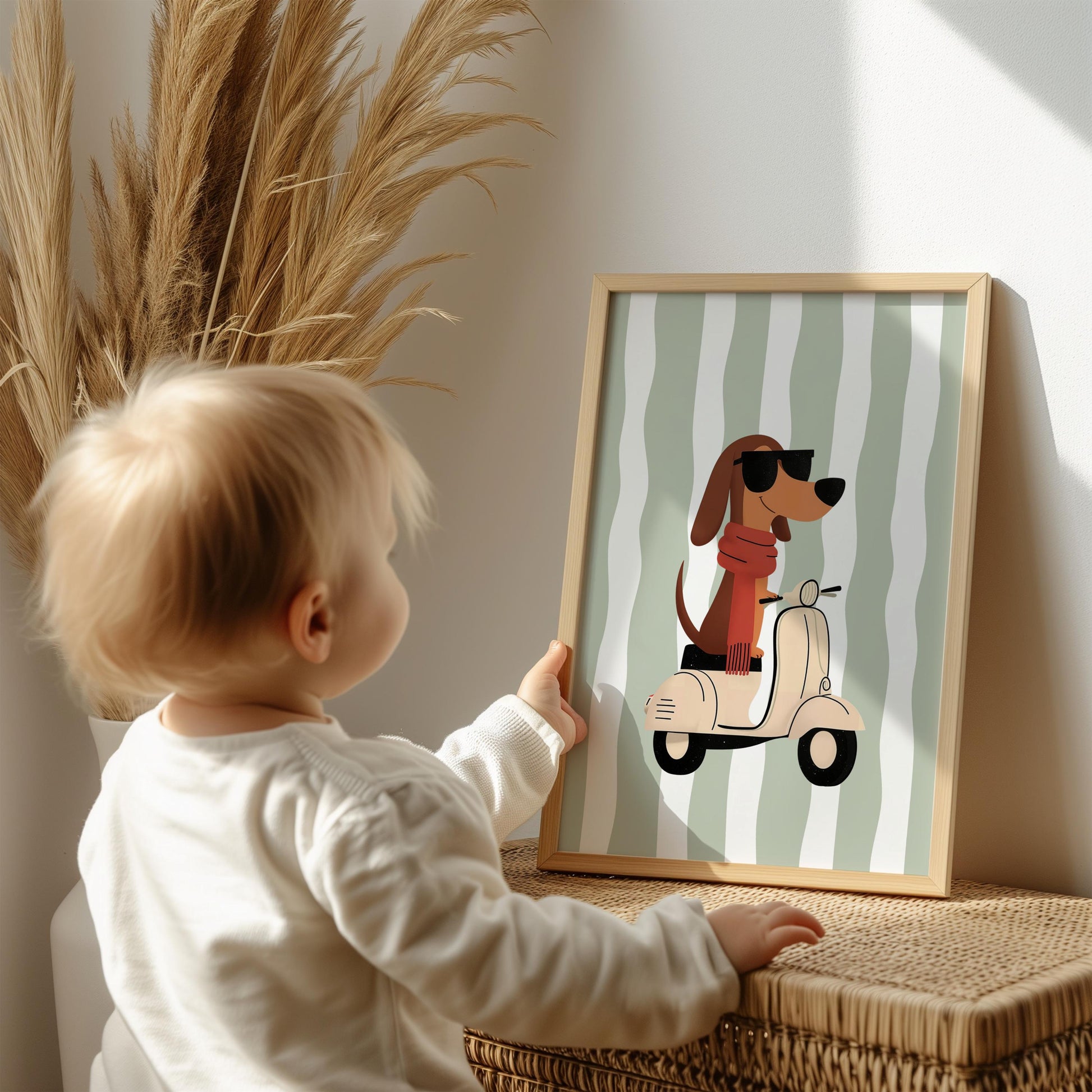 Whimsical Dachshund Nursery Wall Art | Boys Room Decor | Vespa Dog Print | Sage Green Stripes | Digital Download