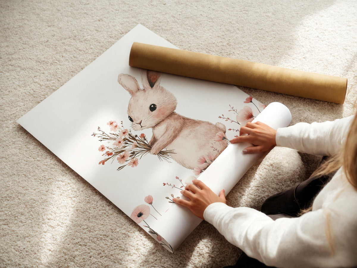 Bunny & Wildflowers Nursery Wall Art Prints | Boho, Girl Nursery Decor | Rabbit, Hot air ballon| Digital download