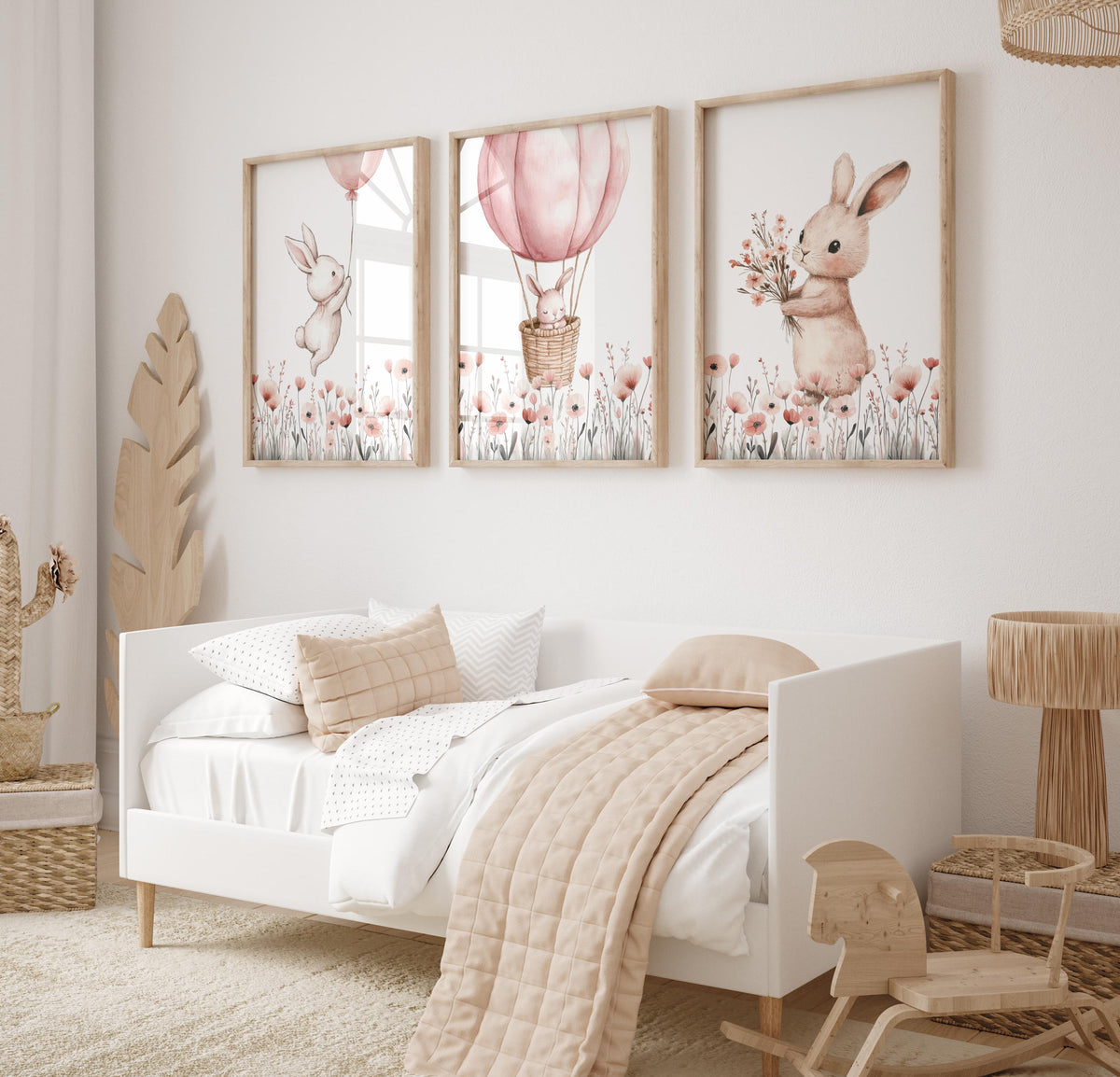 Bunny & Wildflowers Nursery Wall Art Prints | Boho, Girl Nursery Decor | Rabbit, Hot air ballon| Digital download
