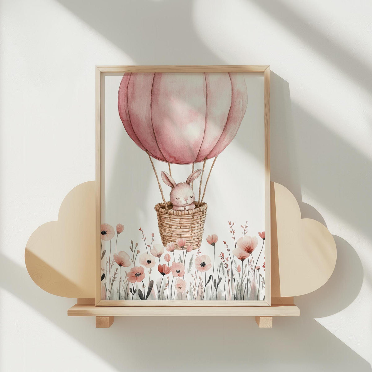 Bunny & Wildflowers Nursery Wall Art Prints | Boho, Girl Nursery Decor | Rabbit, Hot air ballon| Digital download
