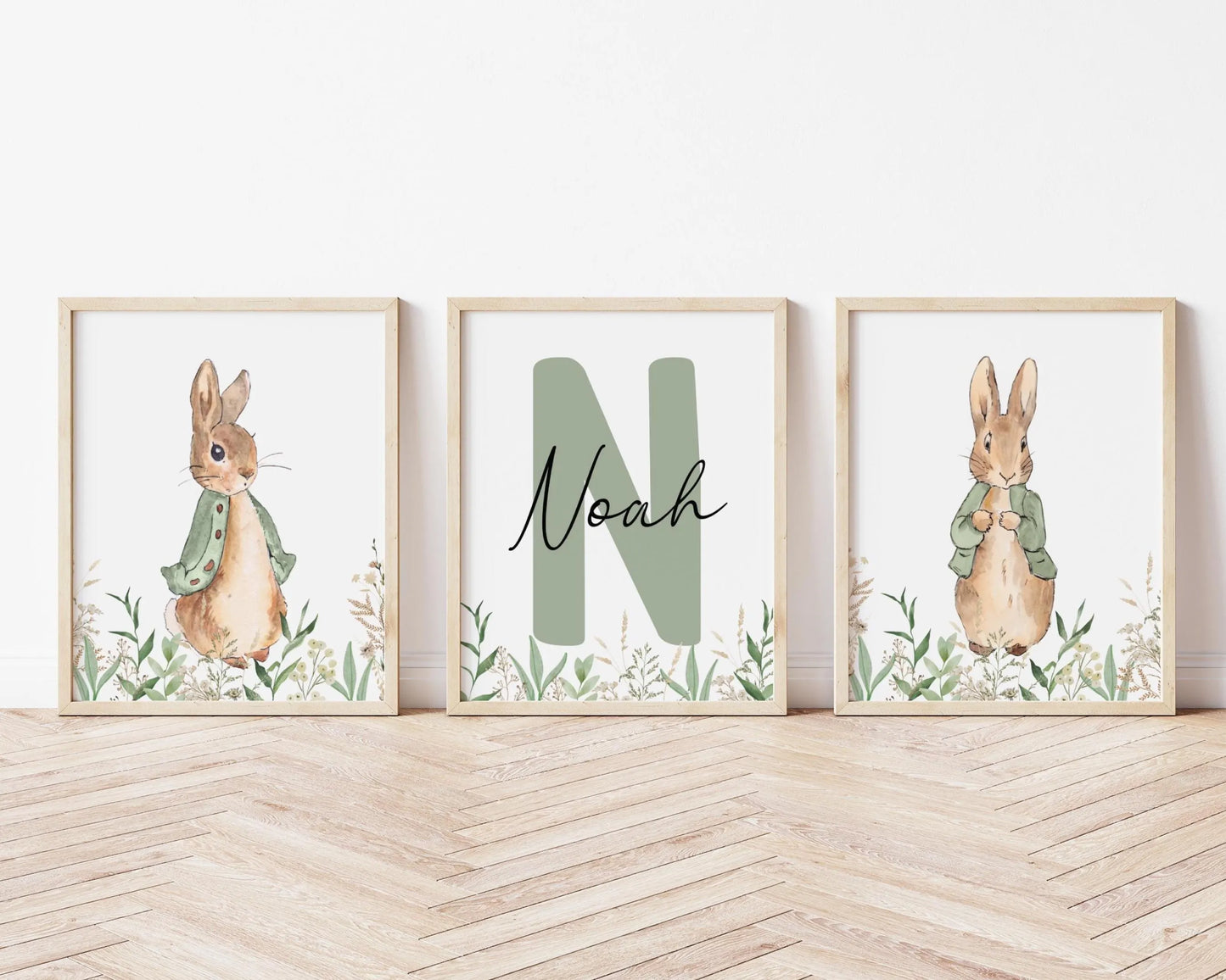 Peter Rabbit Nursery Wall Art Prints Set of 3 | Newborn Name Sign | Bunny, Wildflowers (Digital Downloads)