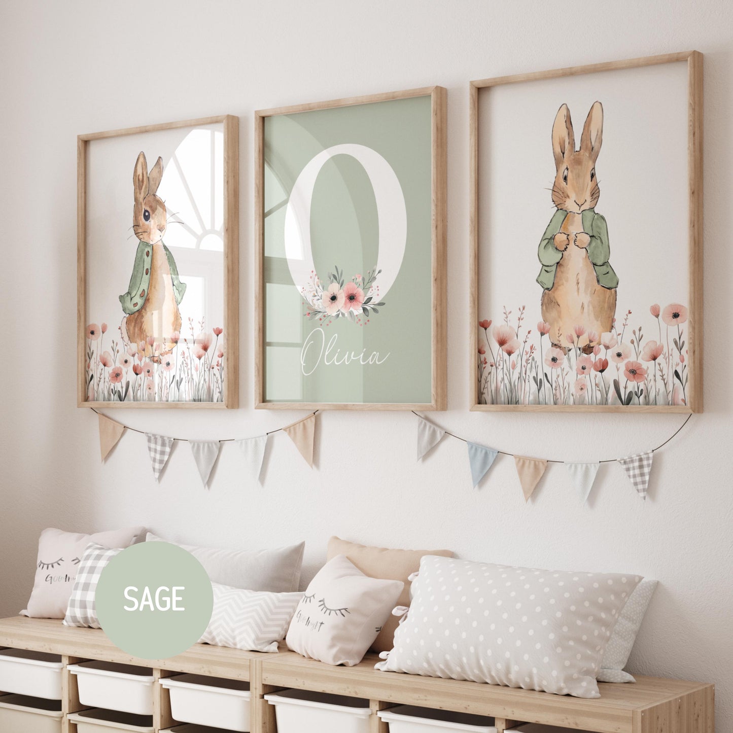 Peter Rabbit Nursery Wall Art Prints Set of 3 | Newborn Name Sign | Bunny, Wildflowers (Digital Downloads) Suartprinttstudio