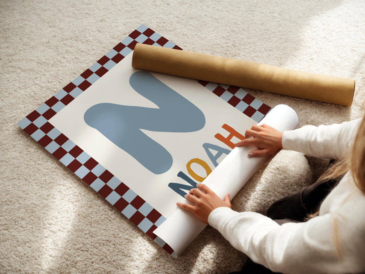 Personalized Nursery Name Wall Art Print | Checkered Monogram for Kids room Decor | Digital Download