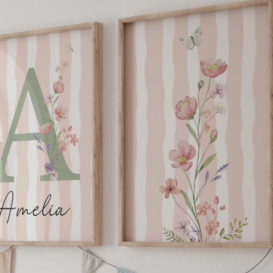 Striped Floral Nursery Wall Art | Custom wildflowers Prints | Boho Baby Girls Nursery Decor | Personalized Name Initial ( Digital Download) 