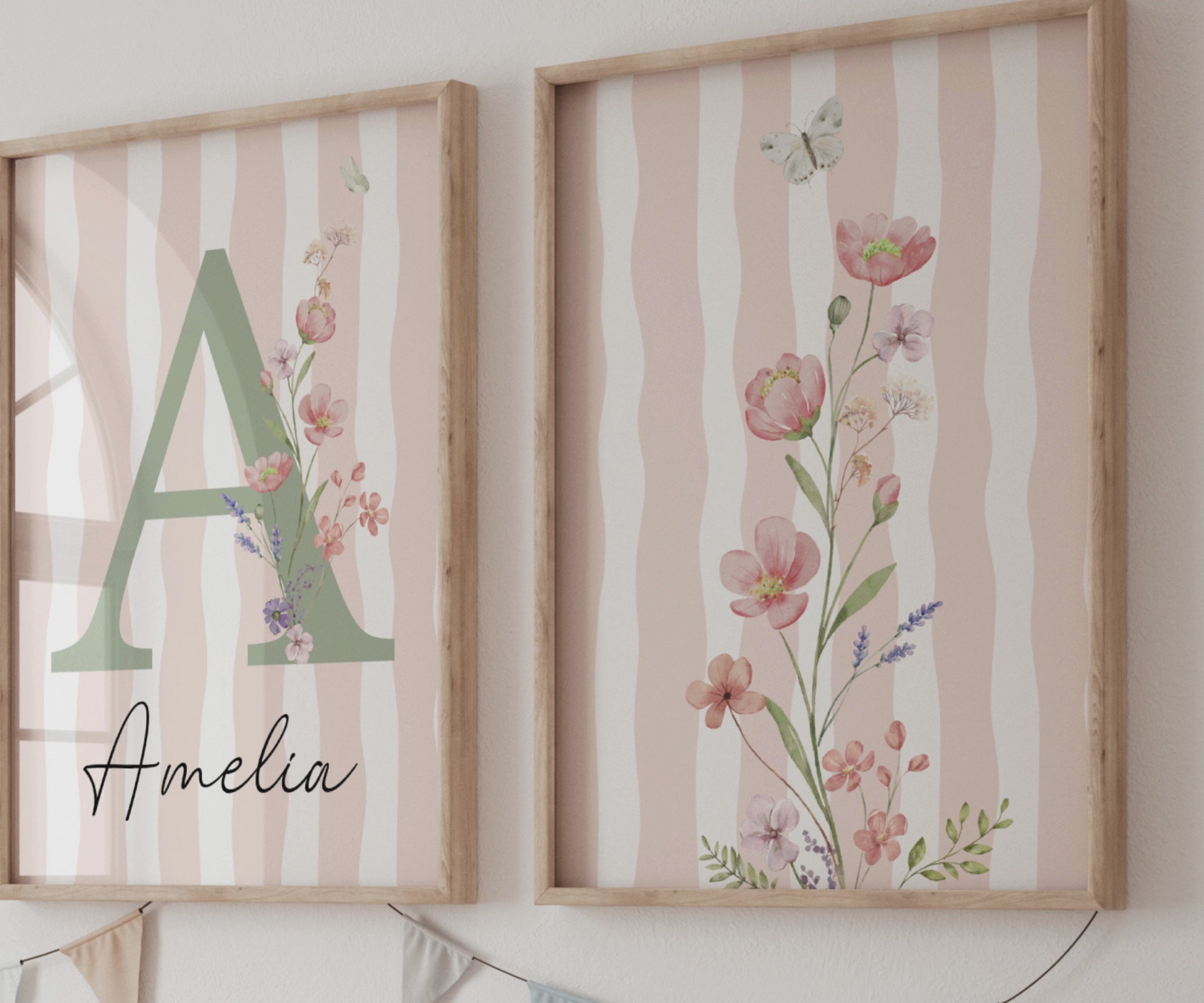 Striped Floral Nursery Wall Art | Custom wildflowers Prints | Boho Baby Girls Nursery Decor | Personalized Name Initial ( Digital Download) 