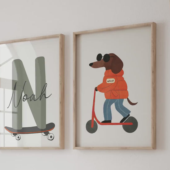 Custom name nursery print featuring skateboarding bear, scooter dog and personalised initial, kids room wall art