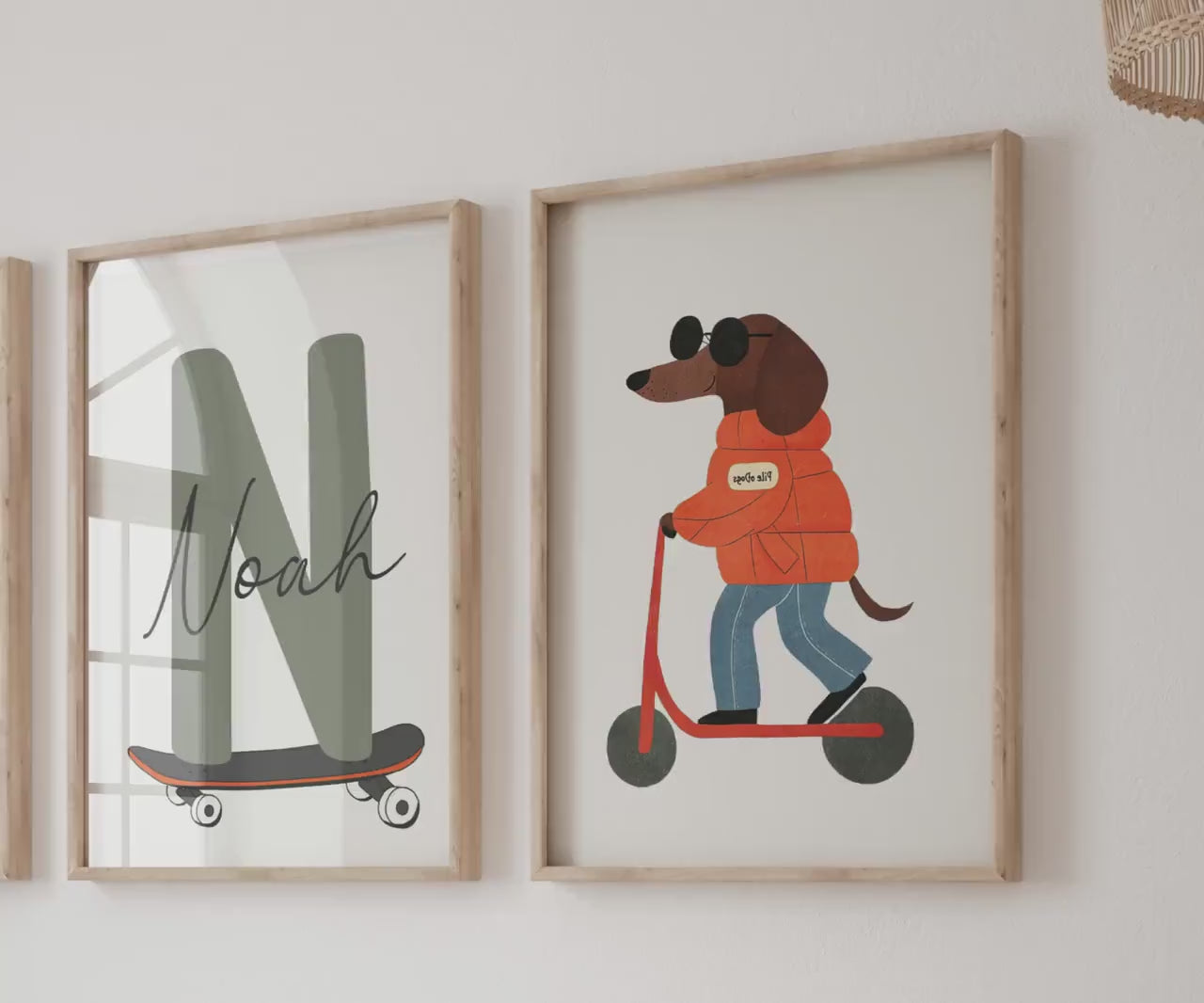 Custom name nursery print featuring skateboarding bear, scooter dog and personalised initial, kids room wall art