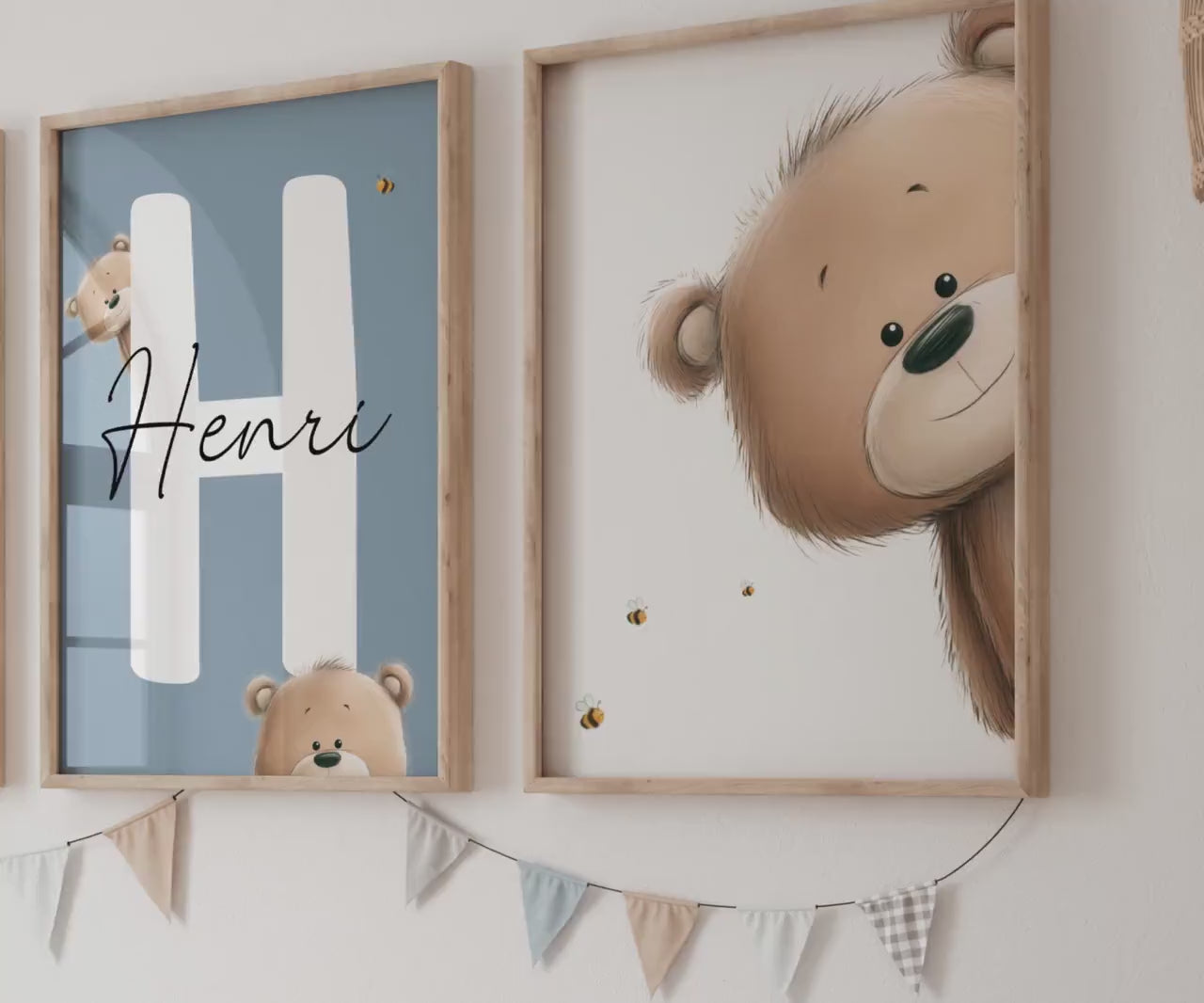 Teddy Bear Nursery Wall Art Prints — a set of 3 beautifully designed prints, personalized with your baby's name. The perfect baby shower gift or newborn name sign, available as an instant digital download. Simply print and display
