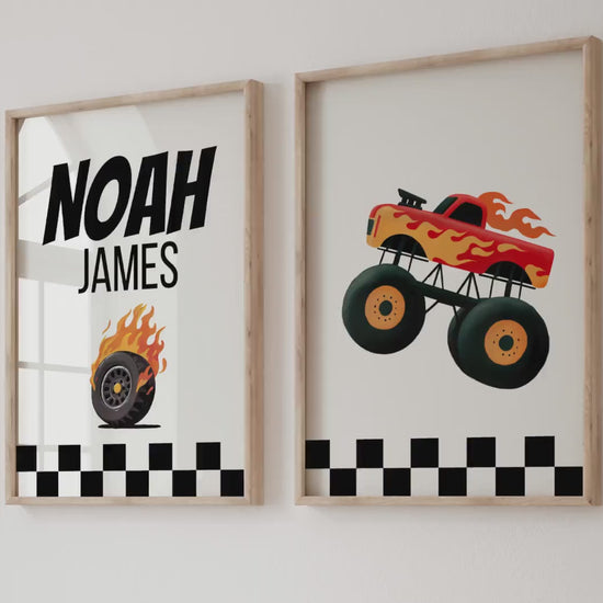 Personalized Monster Truck Hot Wheels Custom Name Nursery Wall Art — Boys Room Prints & Playroom Decor | Monster Jam Boys Nursery Print | Baby Shower Gift | SuArtPrintStudio
