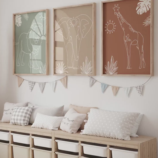 Safari Animals Nursery Wall Art Prints: Lion, Elephant, Giraffe, Boho Nursery decor (Digital Download)