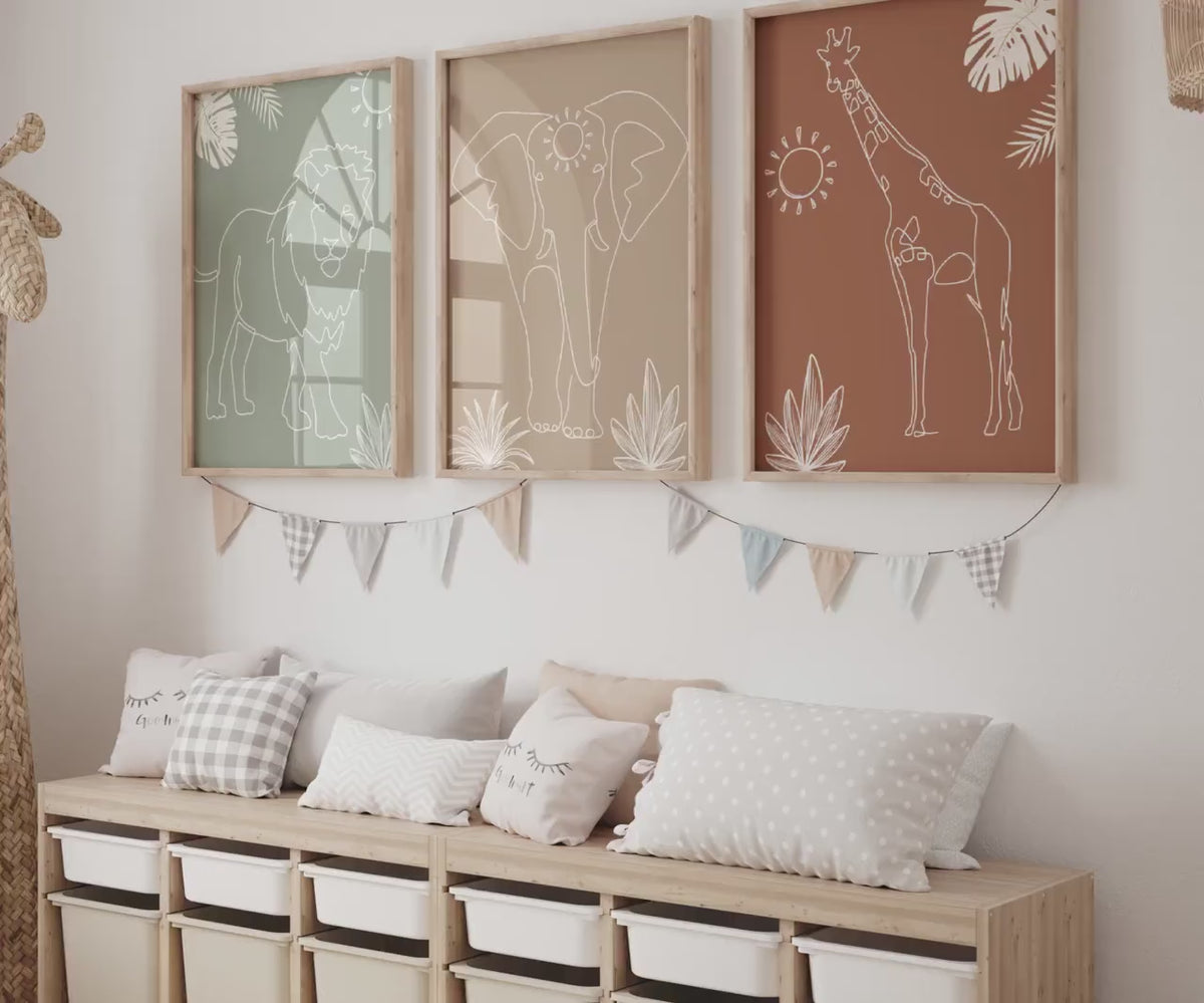 Safari Animals Nursery Wall Art Prints: Lion, Elephant, Giraffe, Boho Nursery decor (Digital Download)