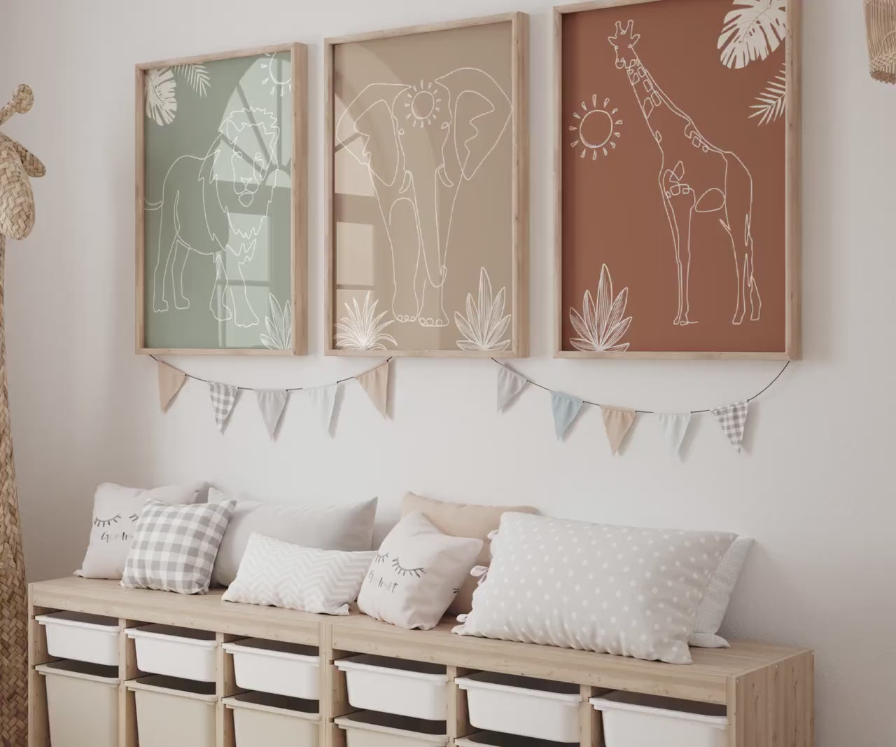 Safari Animals Nursery Wall Art Prints: Lion, Elephant, Giraffe, Boho Nursery decor (Digital Download)
