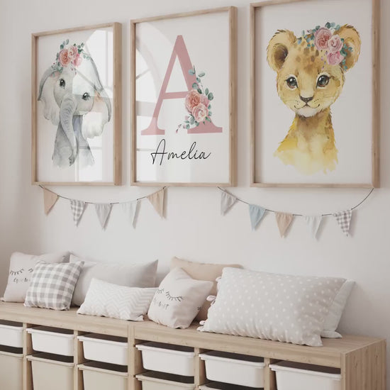 Baby Girl Safari Nursery Wall Art Set of 3 | Custom Name Sign, Wildflowers, lion, giraffe, elephant, zebra (digital download) Sartprintstudio