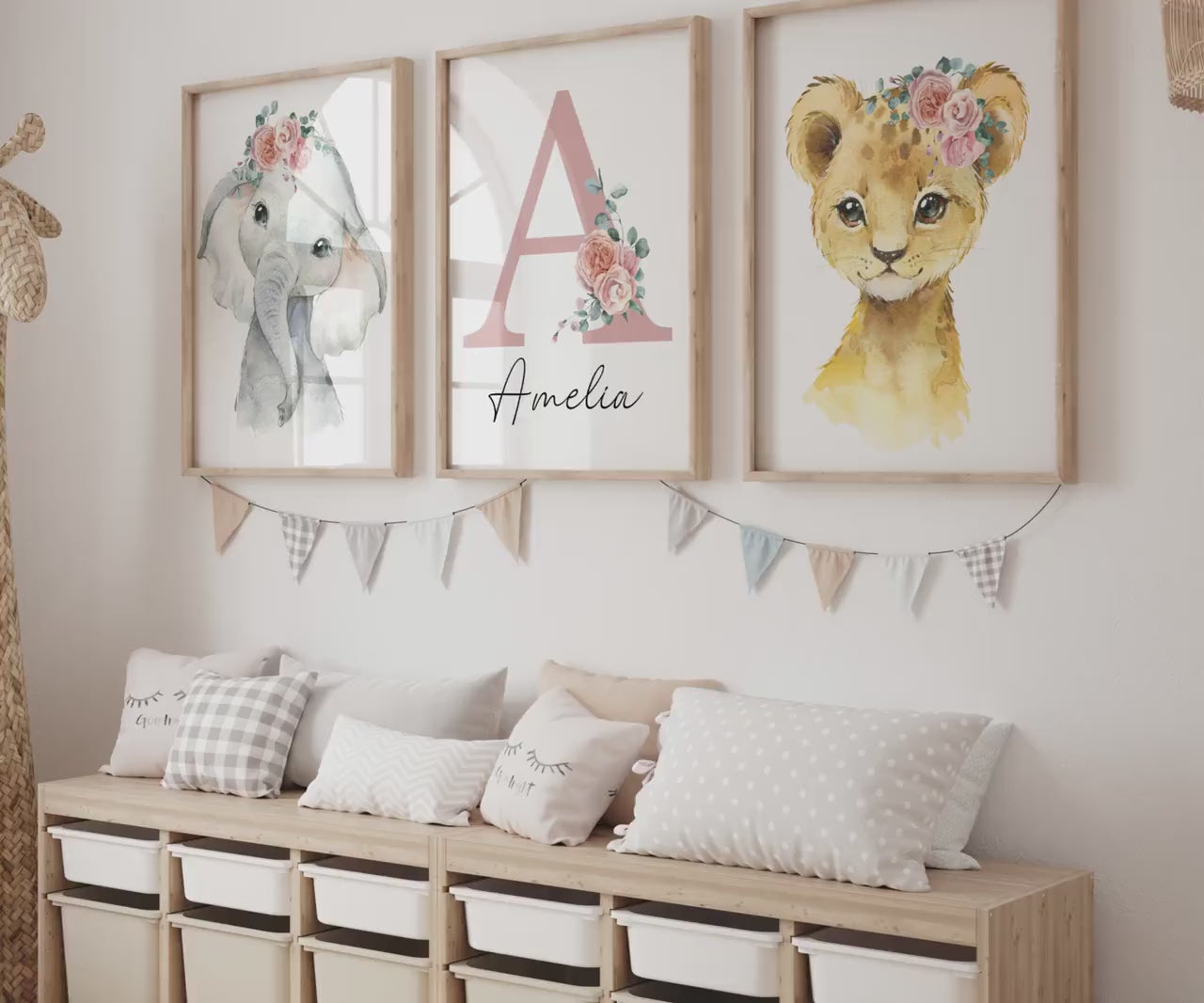 Baby Girl Safari Nursery Wall Art Set of 3 | Custom Name Sign, Wildflowers, lion, giraffe, elephant, zebra (digital download) Sartprintstudio