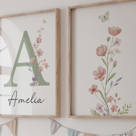Floral Nursery Wall Art | Custom wildflowers Prints | Boho Baby Girls Nursery Decor | Personalized Name Initial ( Digital Download)