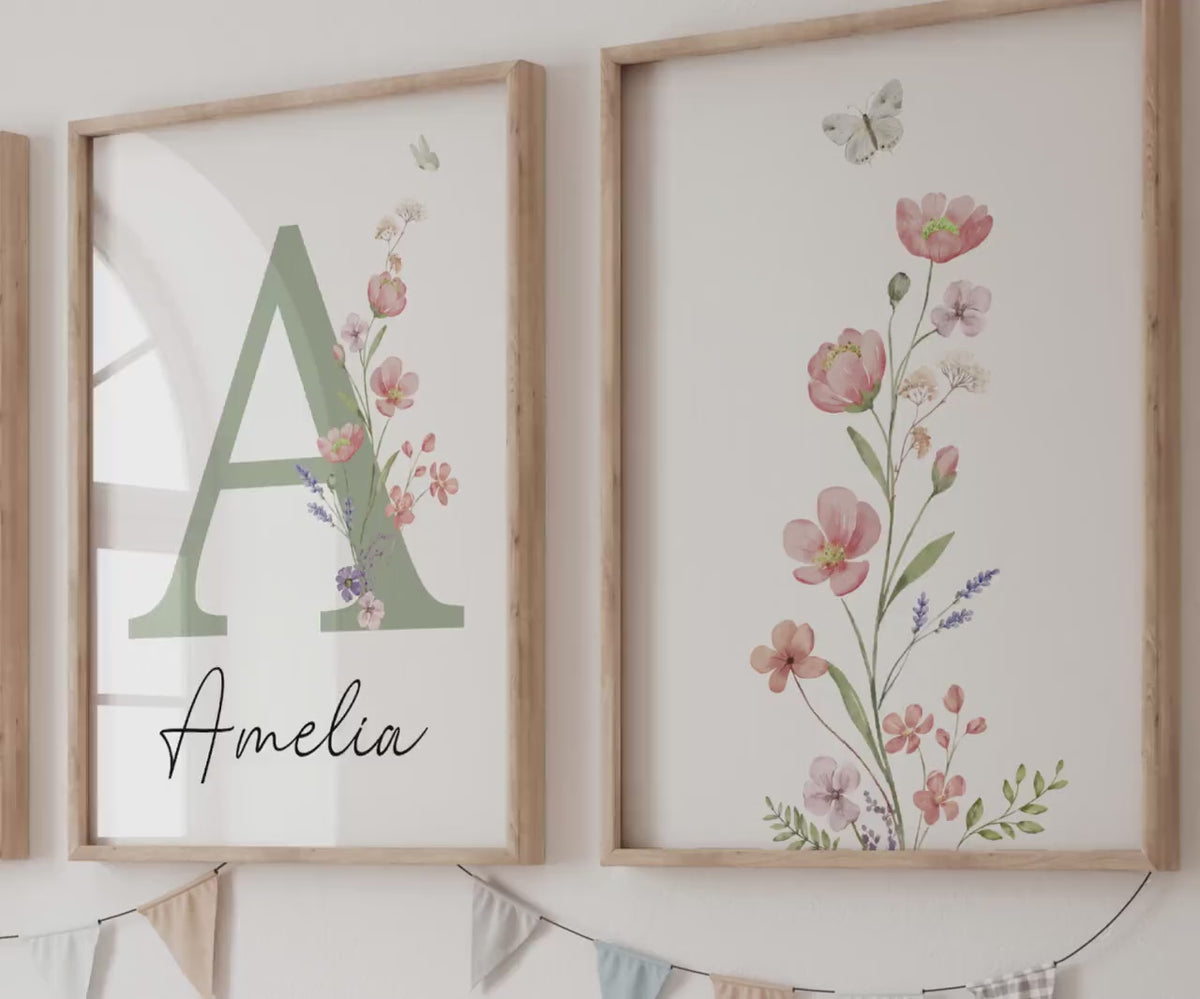 Floral Nursery Wall Art | Custom wildflowers Prints | Boho Baby Girls Nursery Decor | Personalized Name Initial ( Digital Download)