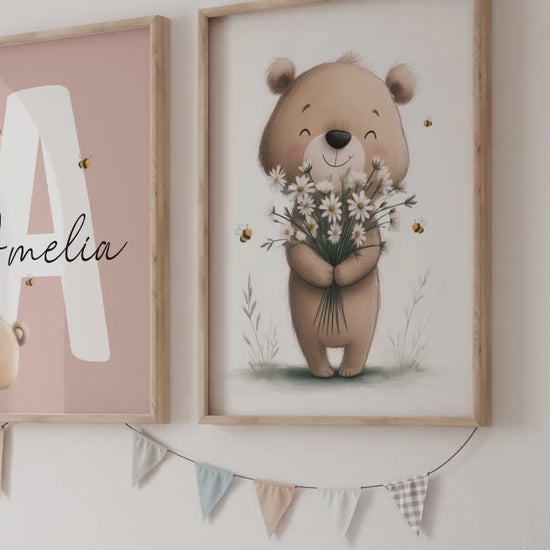 Personalized Teddy Bear Nursery Wall Art Prints Set of 3 | Nursery Name Sign Print | Wildflowers, Bee | Digital Download Suartprintstudio